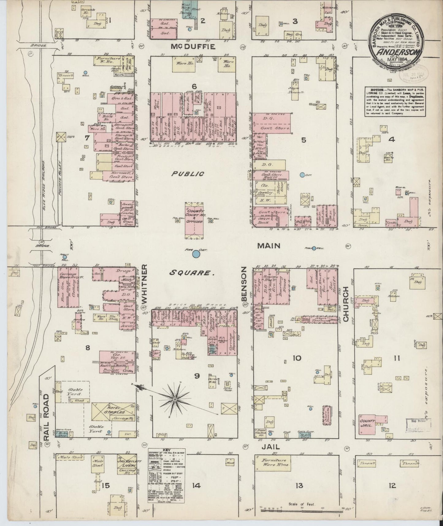 Sanborn Fire Insurance Map from Anderson, Anderson County, South Carolina (1884), Sheet #0001 - Historic Sanborn Fire Insurance Map Print, vintage old map wall art, antique decor, genealogy gift, South Carolina South Carolina map