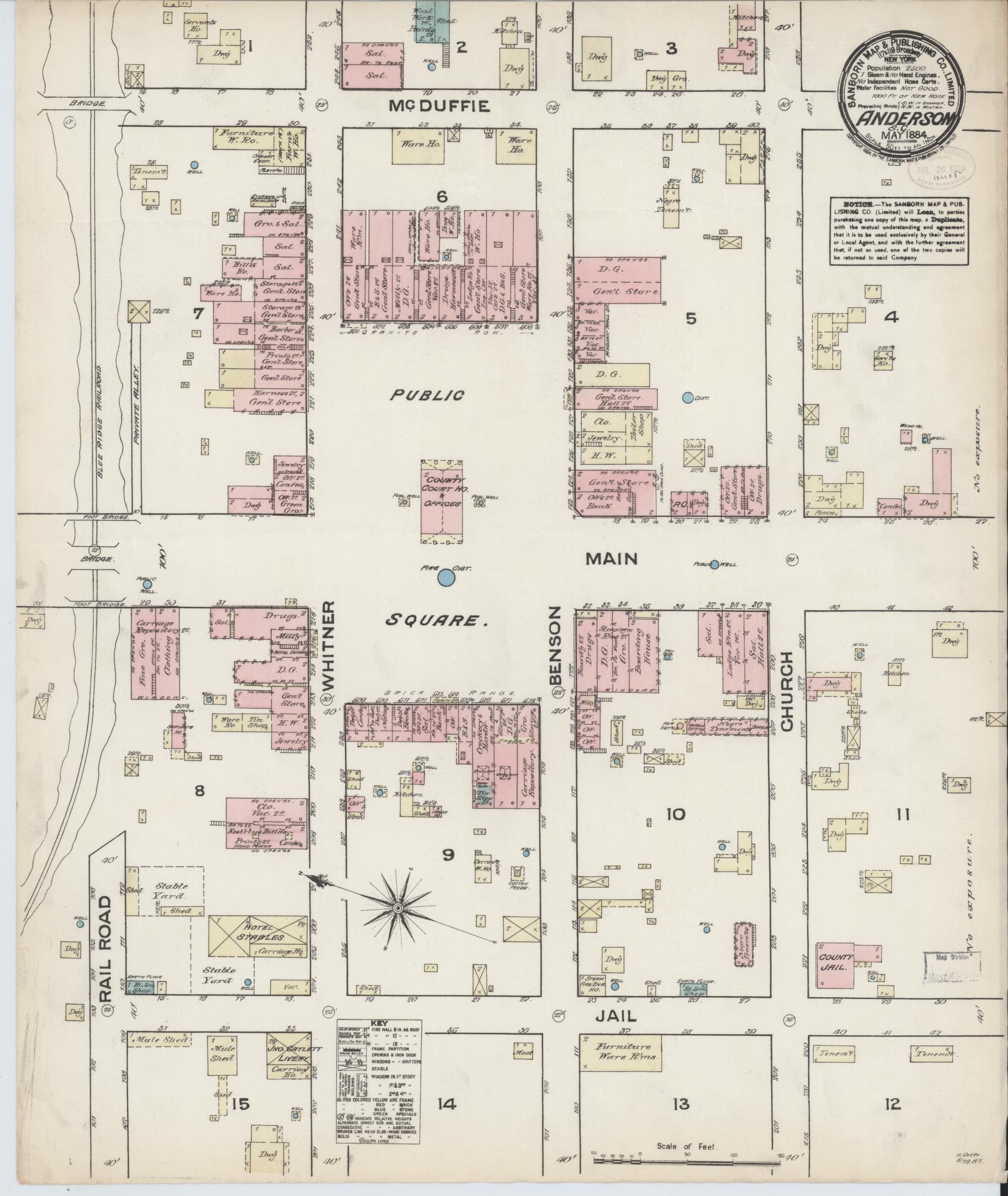 Sanborn Fire Insurance Map from Anderson, Anderson County, South Carolina (1884), Sheet #0001 - Historic Sanborn Fire Insurance Map Print, vintage old map wall art, antique decor, genealogy gift, South Carolina South Carolina map