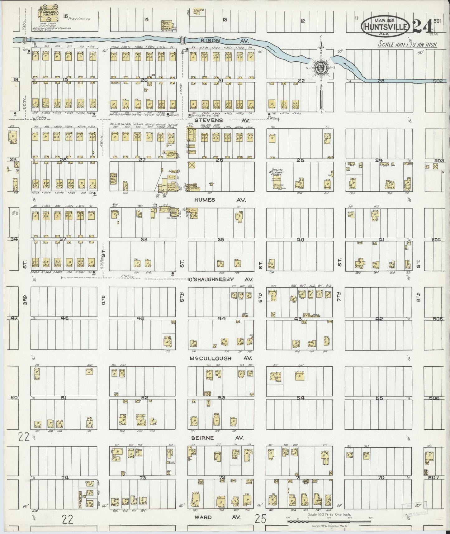 Sanborn Fire Insurance Map from Huntsville, Madison County, Alabama (1921), Sheet #0024 - Complete Map Set gallery image, historic Sanborn map, vintage wall art, Alabama Alabama