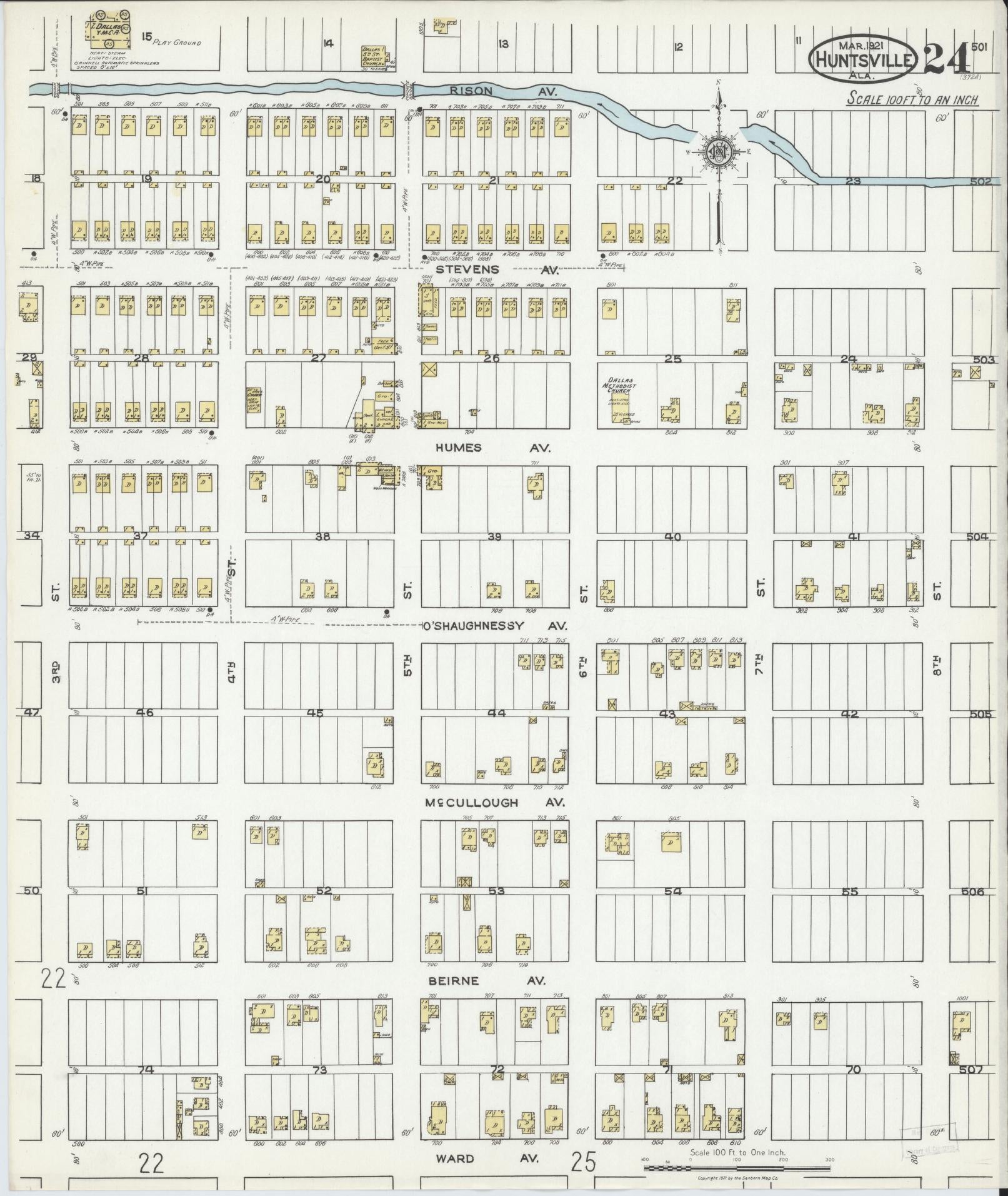 Sanborn Fire Insurance Map from Huntsville, Madison County, Alabama (1921), Sheet #0024 - Complete Map Set gallery image, historic Sanborn map, vintage wall art, Alabama Alabama