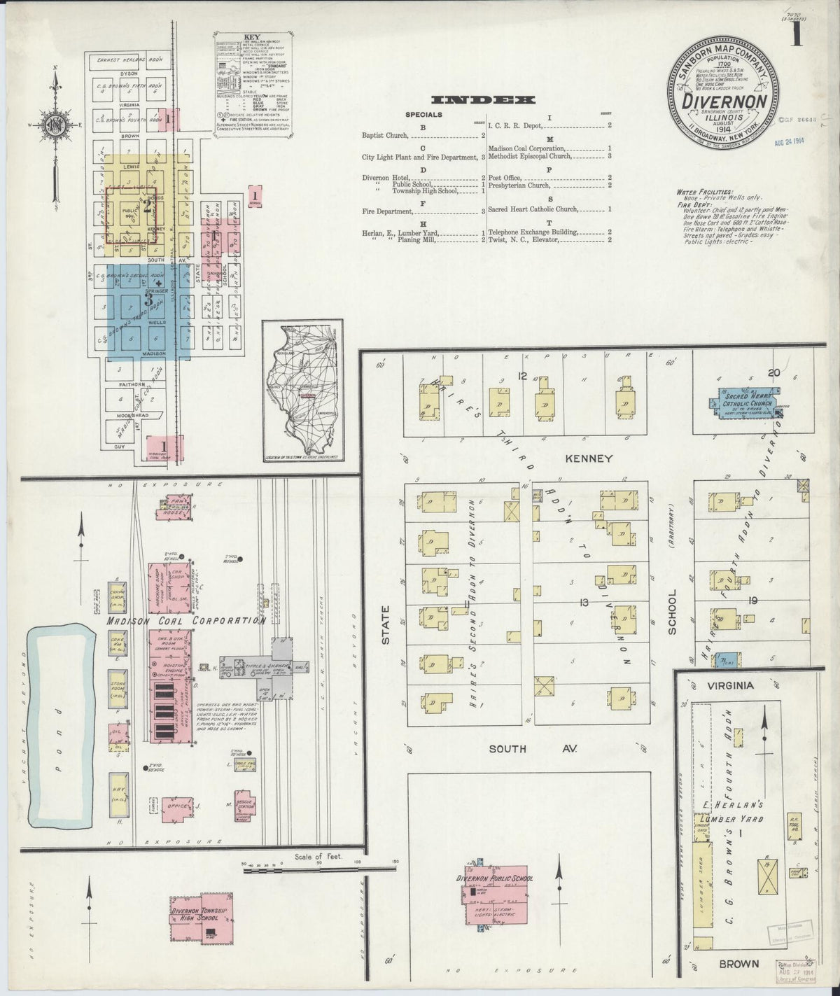 Sanborn Fire Insurance Map from Divernon, Sangamon County, Illinois (1914), Sheet #0001 - Complete Map Set gallery image, historic Sanborn map, vintage wall art, Illinois Illinois
