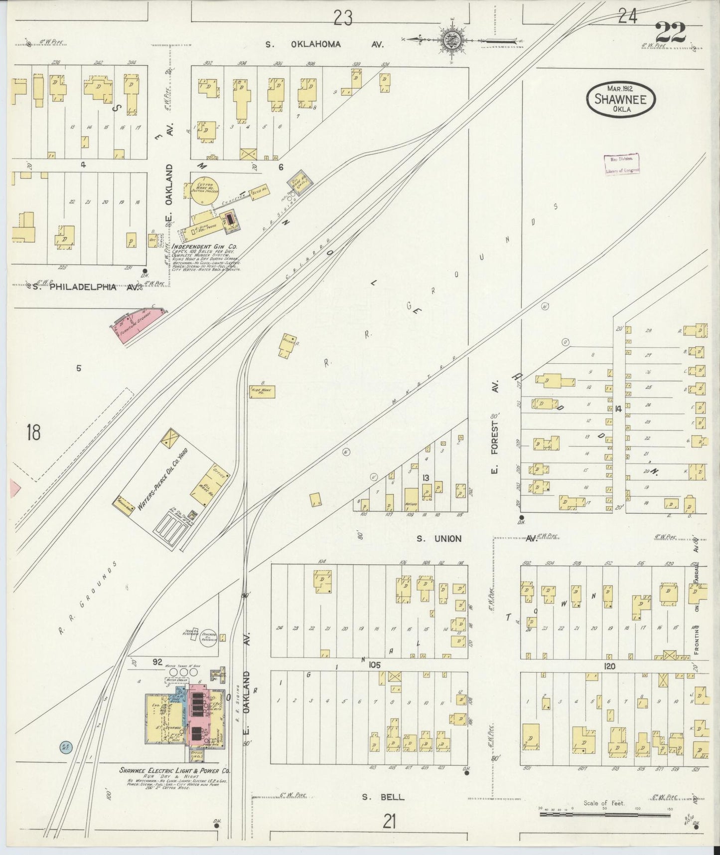 Sanborn Fire Insurance Map from Shawnee, Pottawatomie County, Oklahoma (1912), Sheet #0022 - Complete Map Set gallery image, historic Sanborn map, vintage wall art, Oklahoma Oklahoma
