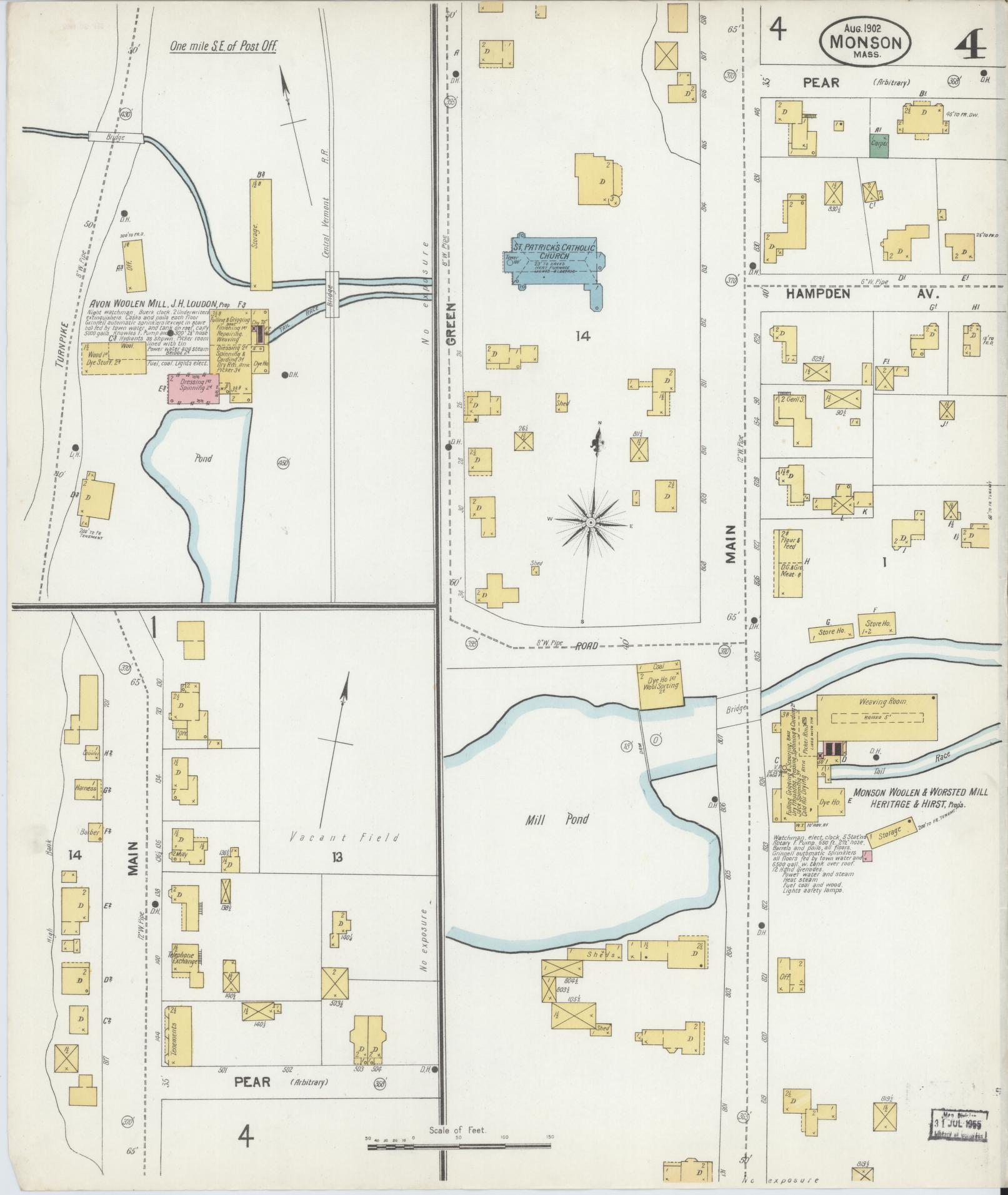 Sanborn Fire Insurance Map from Monson, Hampden County, Massachusetts (1902), Sheet #0004 - Complete Map Set gallery image, historic Sanborn map, vintage wall art, Massachusetts Massachusetts