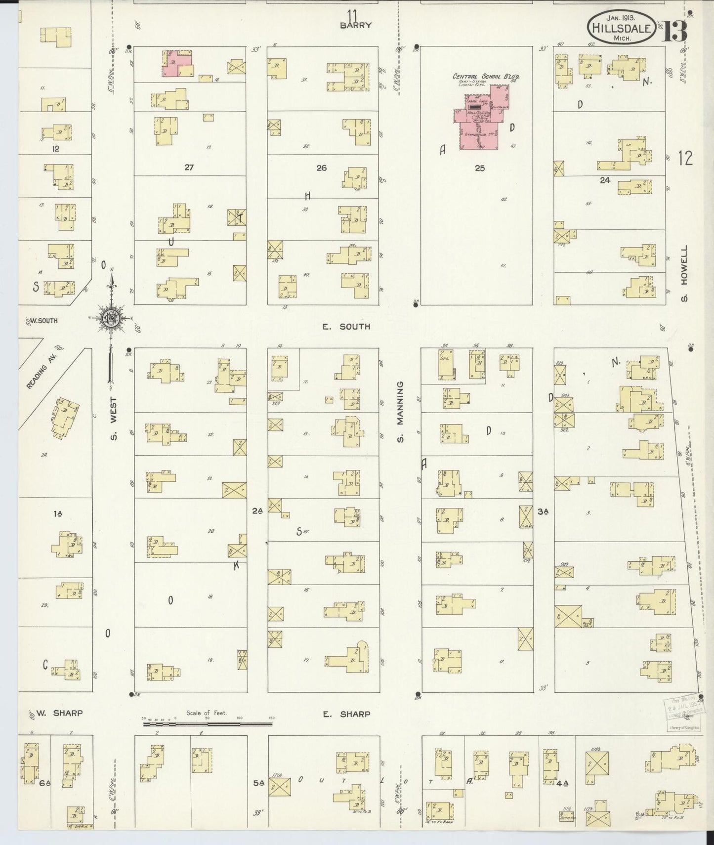 Sanborn Fire Insurance Map from Hillsdale, Hillsdale County, Michigan (1913), Sheet #0013 - Complete Map Set gallery image, historic Sanborn map, vintage wall art, Michigan Michigan