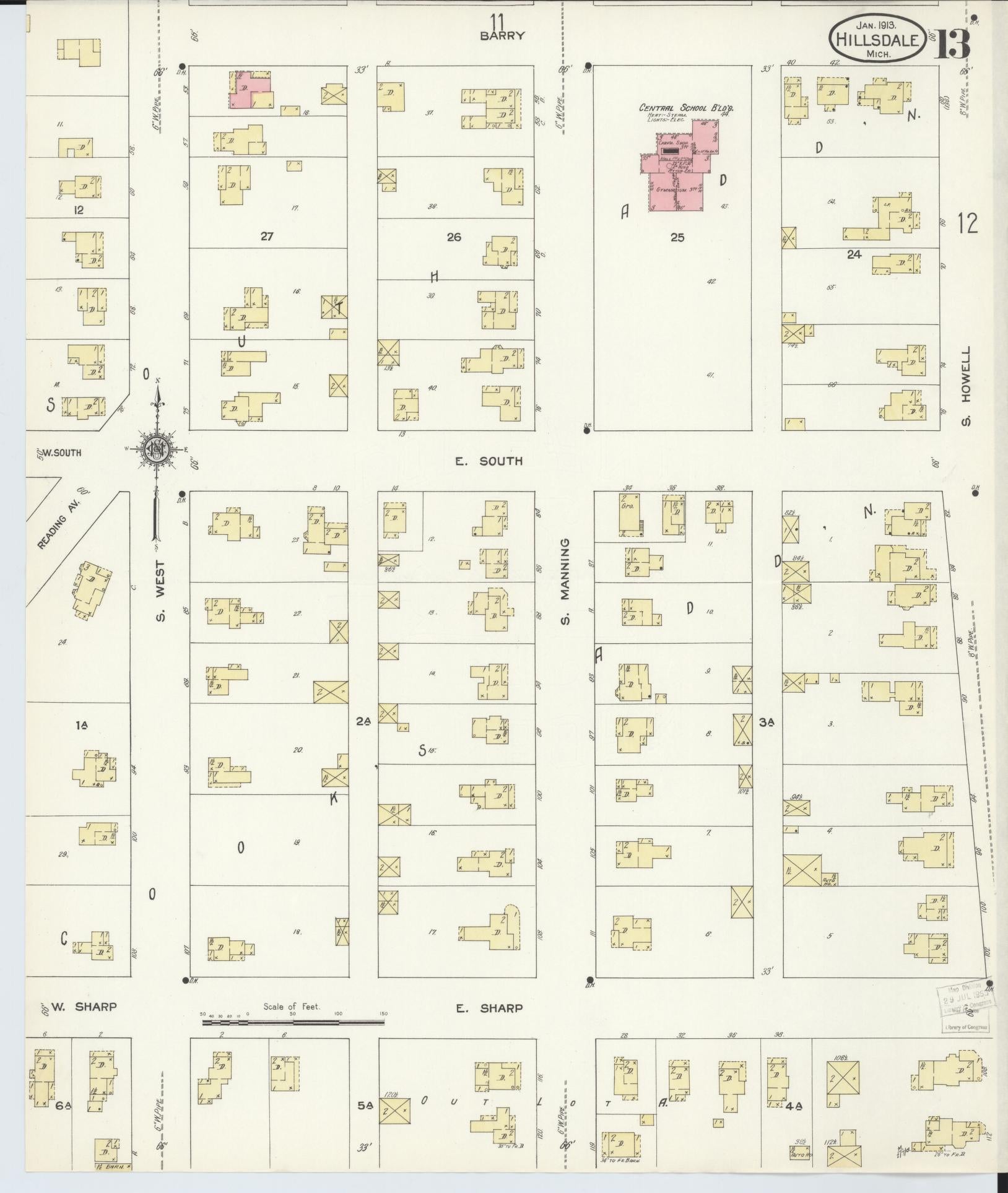 Sanborn Fire Insurance Map from Hillsdale, Hillsdale County, Michigan (1913), Sheet #0013 - Complete Map Set gallery image, historic Sanborn map, vintage wall art, Michigan Michigan
