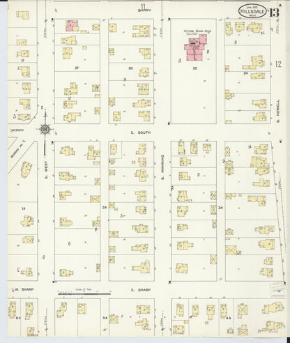 Sanborn Fire Insurance Map from Hillsdale, Hillsdale County, Michigan (1913), Sheet #0013 - Complete Map Set gallery image, historic Sanborn map, vintage wall art, Michigan Michigan