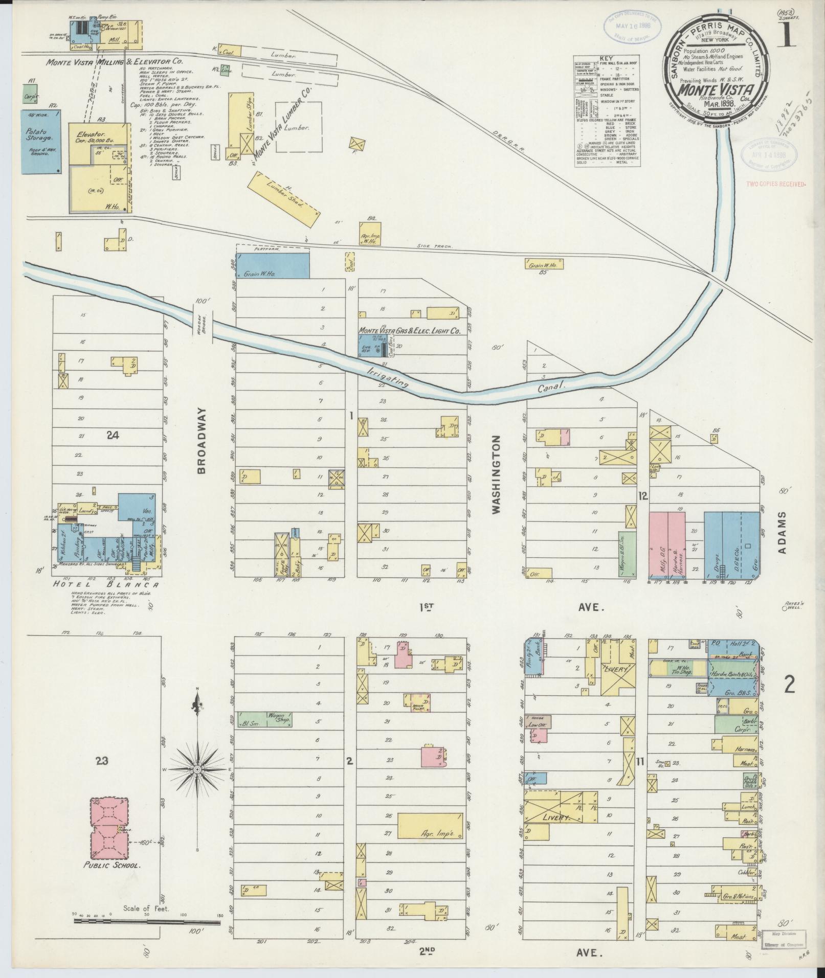 Sanborn Fire Insurance Map from Monte Vista, Rio Grande County, Colorado (1898), Sheet #0001 - Historic Sanborn Fire Insurance Map Print, vintage old map wall art, antique decor, genealogy gift, Colorado Colorado map