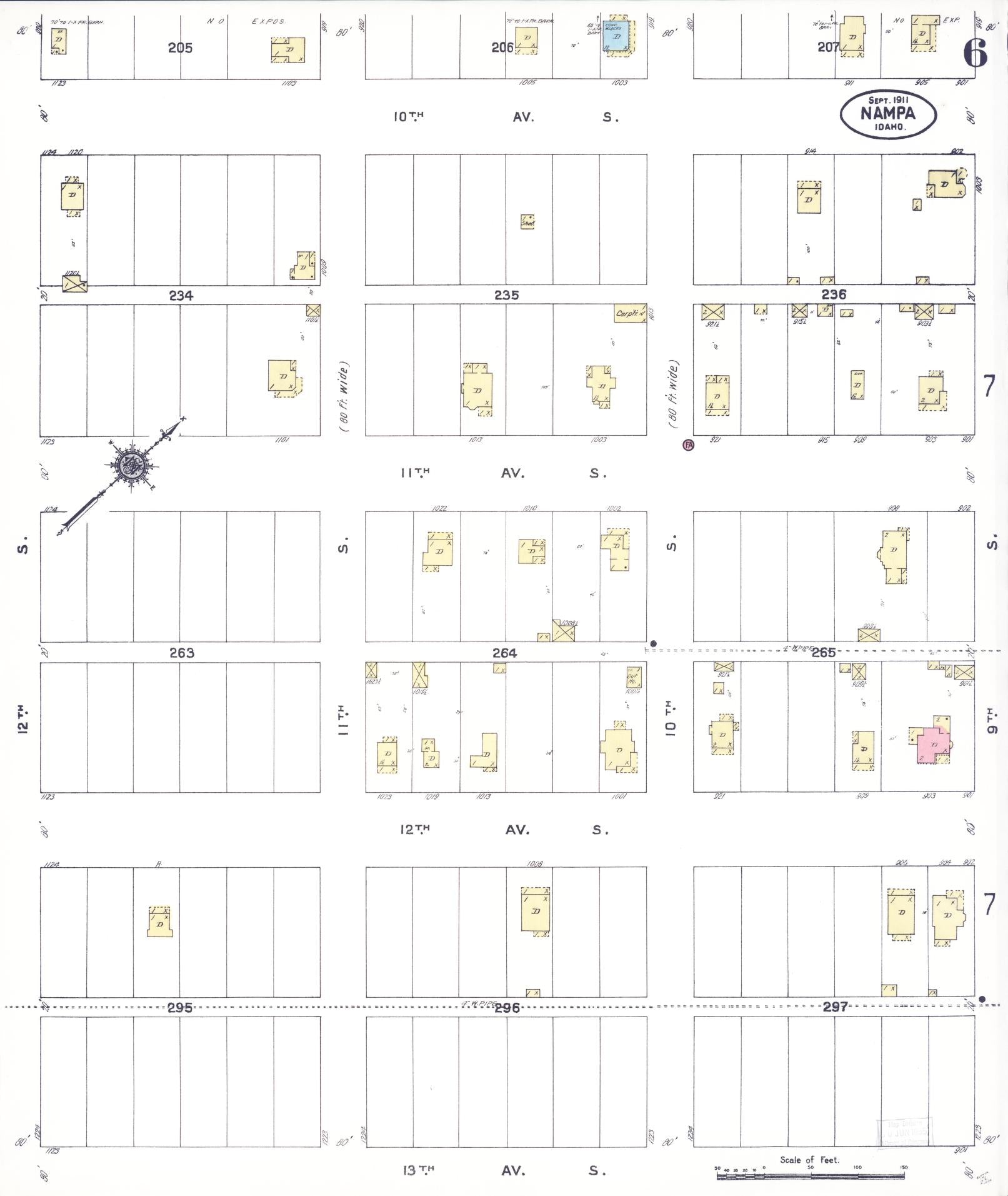 Sanborn Fire Insurance Map from Nampa, Canyon County, Idaho (1911), Sheet #0006 - Complete Map Set gallery image, historic Sanborn map, vintage wall art, Idaho Idaho