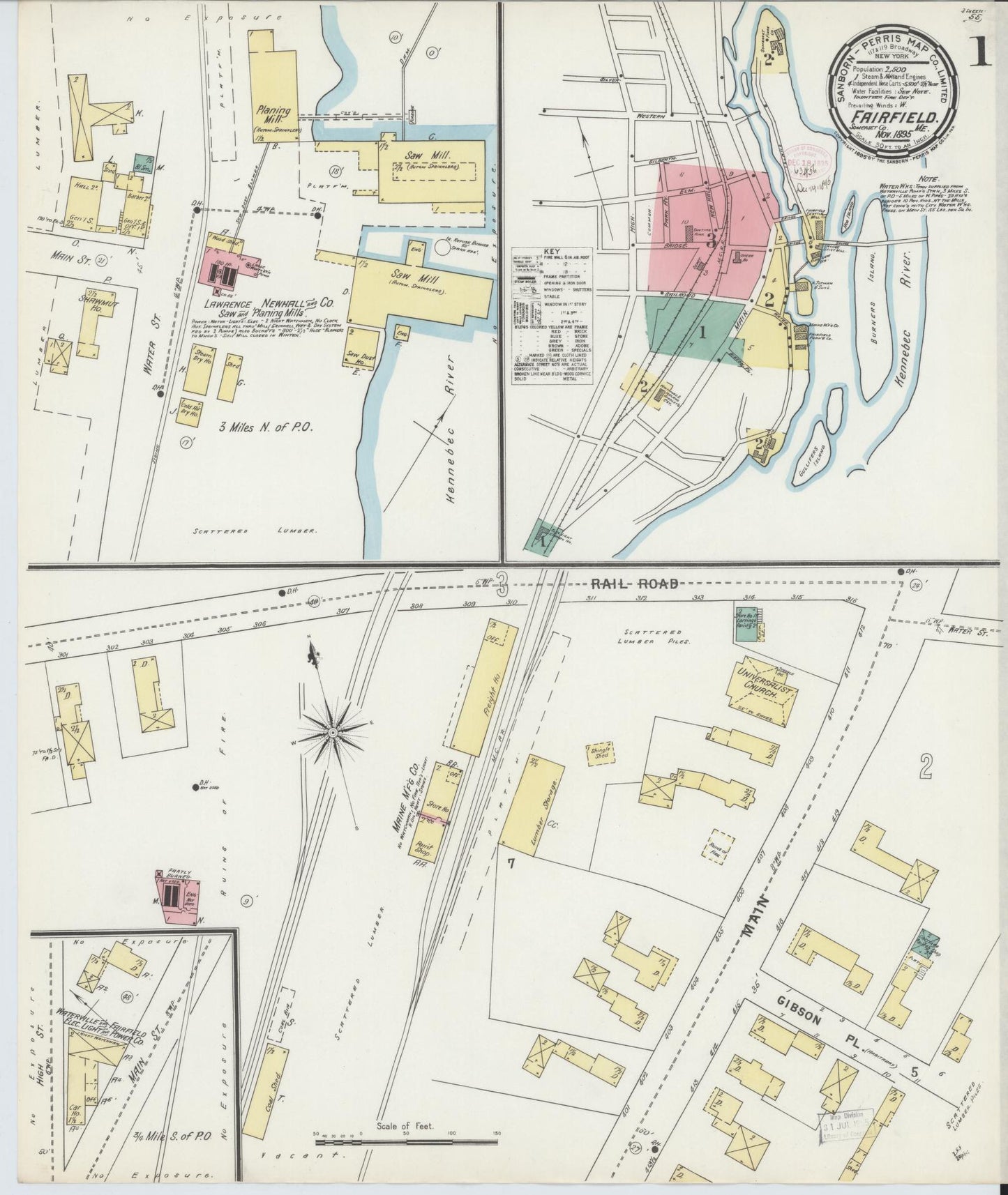 Sanborn Fire Insurance Map from Fairfield, Somerset County, Maine (1895), Sheet #0001 - Historic Sanborn Fire Insurance Map Print, vintage old map wall art, antique decor, genealogy gift, Maine Maine map