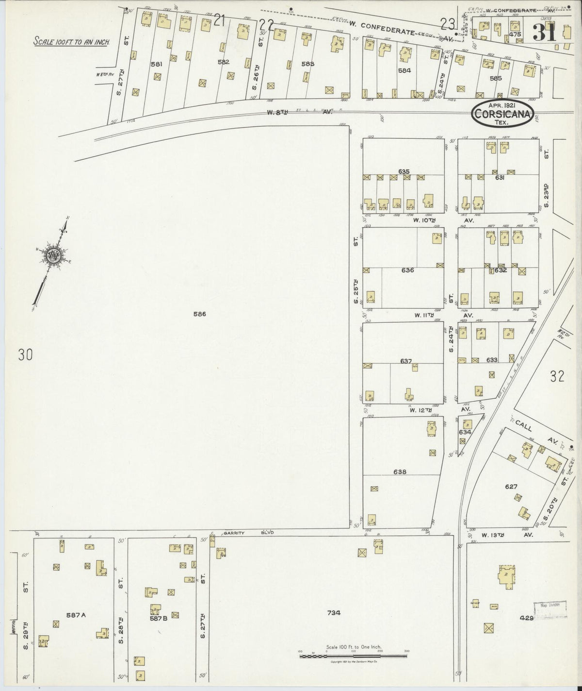 Sanborn Fire Insurance Map from Corsicana, Navarro County, Texas (1921), Sheet #0031 - Complete Map Set gallery image, historic Sanborn map, vintage wall art, Texas Texas