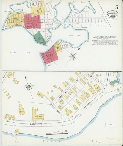 Sanborn Fire Insurance Map from Wareham, Plymouth County, Massachusetts (1906), Sheet #0005 - Historic Sanborn Fire Insurance Map Print, vintage old map wall art, antique decor, genealogy gift, Massachusetts Massachusetts map