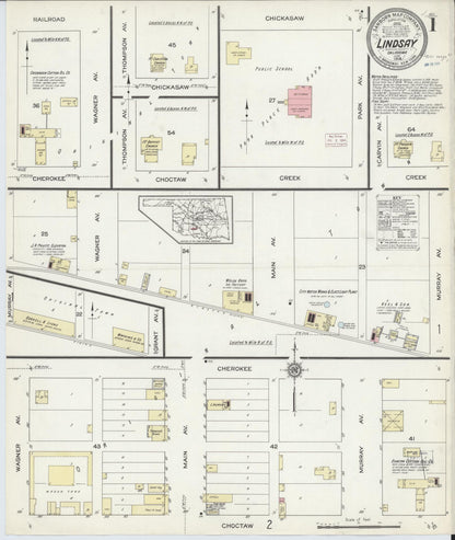 Sanborn Fire Insurance Map from Lindsay, Garvin County, Oklahoma (1914), Sheet #0001 - Complete Map Set gallery image, historic Sanborn map, vintage wall art, Oklahoma Oklahoma
