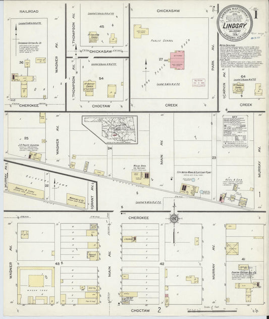 Sanborn Fire Insurance Map from Lindsay, Garvin County, Oklahoma (1914), Sheet #0001 - Complete Map Set gallery image, historic Sanborn map, vintage wall art, Oklahoma Oklahoma
