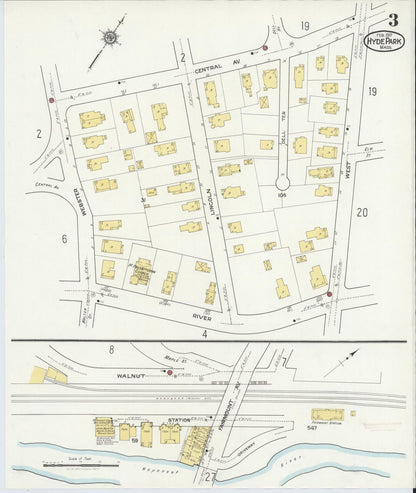 Sanborn Fire Insurance Map from Hyde Park, Norfolk County, Massachusetts (1917), Sheet #0003 - Historic Sanborn Fire Insurance Map Print, vintage old map wall art, antique decor, genealogy gift, Massachusetts Massachusetts map