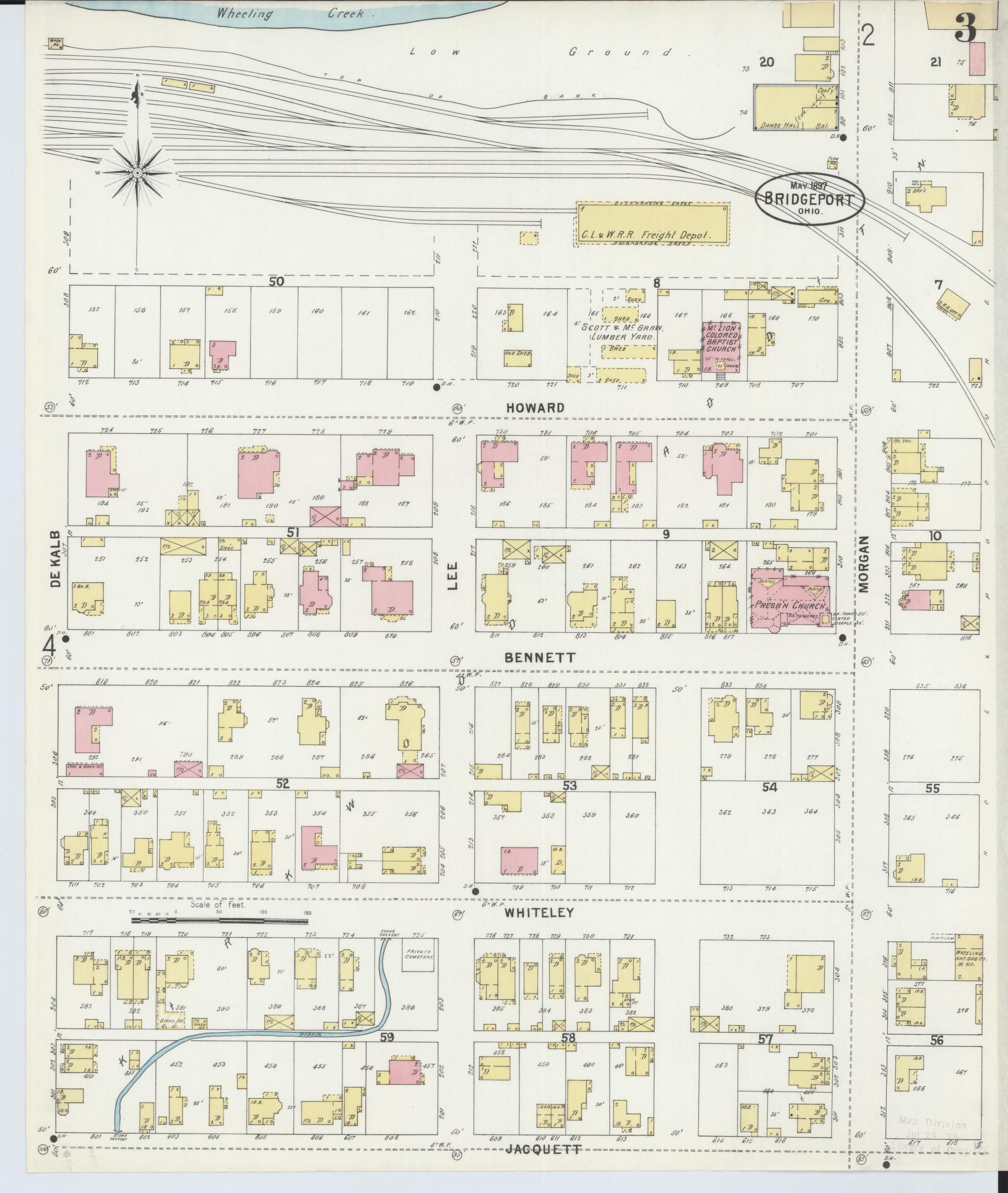 Sanborn Fire Insurance Map from Bridgeport, Belmont County, Ohio (1897), Sheet #0003 - Historic Sanborn Fire Insurance Map Print, vintage old map wall art, antique decor, genealogy gift, Ohio Ohio map