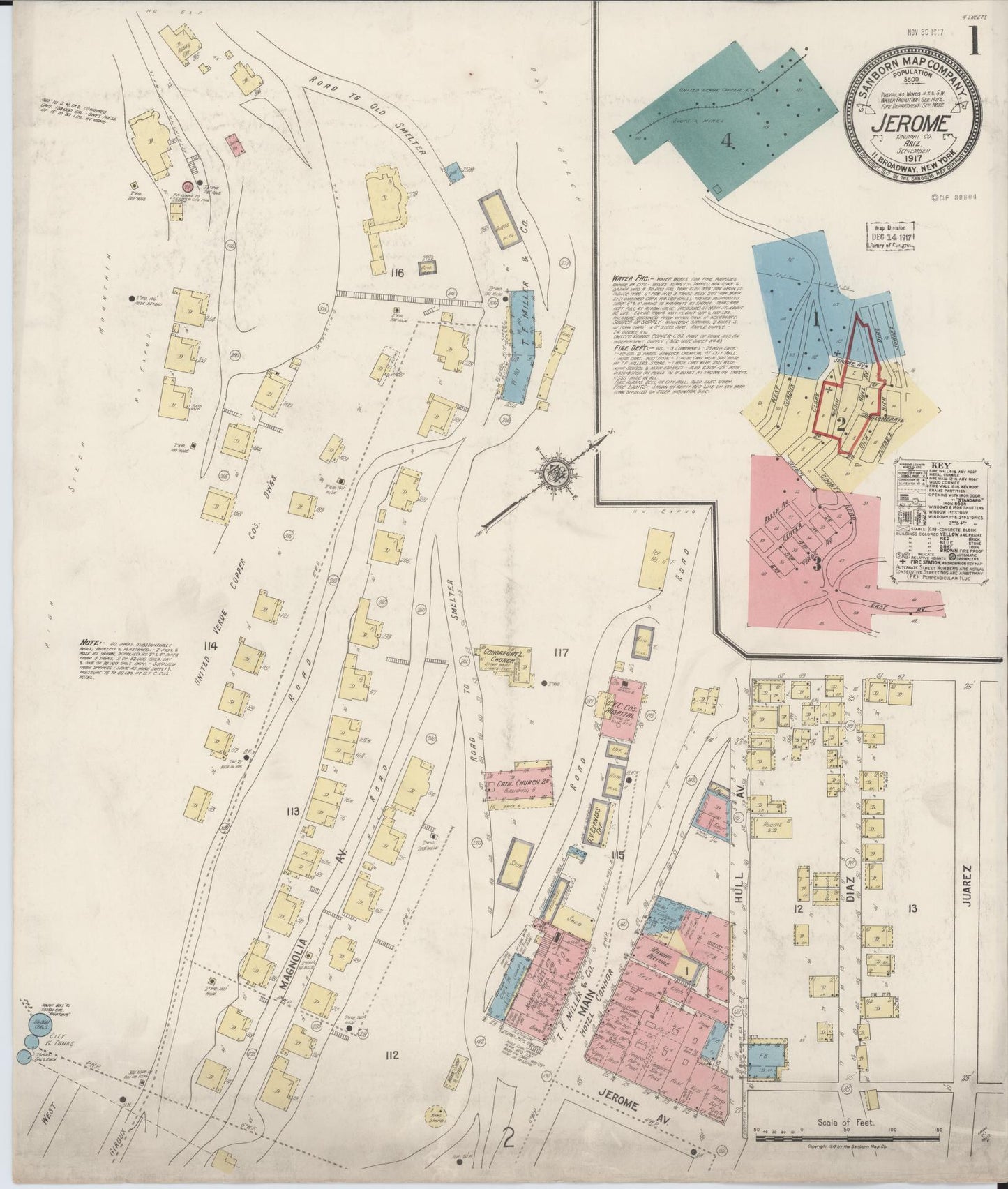 Sanborn Fire Insurance Map from Jerome, Yavapai County, Arizona (1917), Sheet #0001 - Historic Sanborn Fire Insurance Map Print, vintage old map wall art, antique decor, genealogy gift, Arizona Arizona map