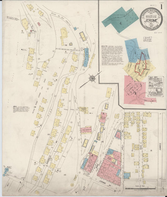 Sanborn Fire Insurance Map from Jerome, Yavapai County, Arizona (1917), Sheet #0001 - Historic Sanborn Fire Insurance Map Print, vintage old map wall art, antique decor, genealogy gift, Arizona Arizona map