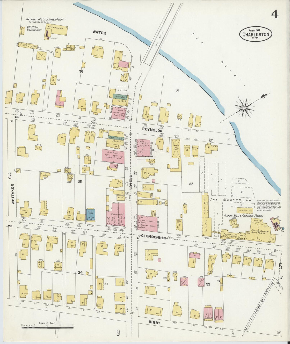 Sanborn Fire Insurance Map from Charleston, Kanawha County, West Virginia (1907), Sheet #0004 - Complete Map Set gallery image, historic Sanborn map, vintage wall art, West Virginia West Virginia