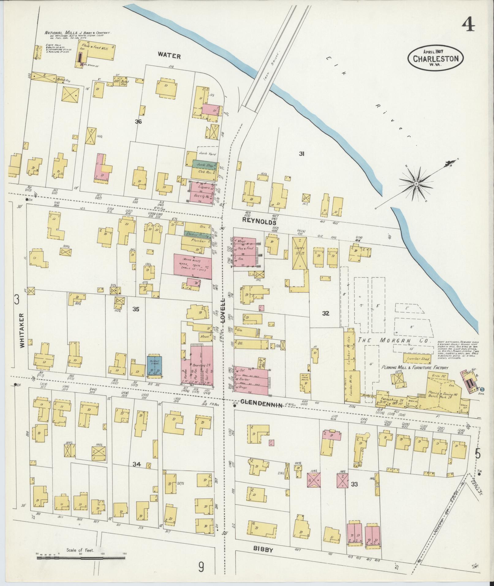 Sanborn Fire Insurance Map from Charleston, Kanawha County, West Virginia (1907), Sheet #0004 - Complete Map Set gallery image, historic Sanborn map, vintage wall art, West Virginia West Virginia