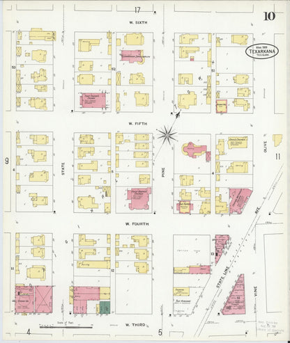 Sanborn Fire Insurance Map from Texarkana, Bowie County, Texas (1909), Sheet #0010 - Complete Map Set gallery image, historic Sanborn map, vintage wall art, Texas Texas