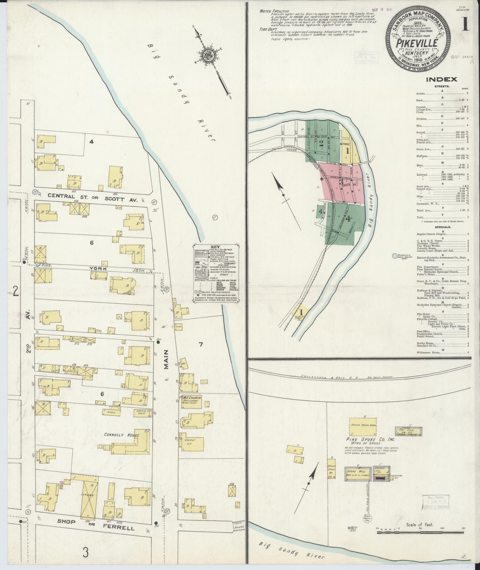 Sanborn Fire Insurance Map from Pikeville, Pike County, Kentucky (1910), Sheet #0001 - Complete Map Set gallery image, historic Sanborn map, vintage wall art, Kentucky Kentucky