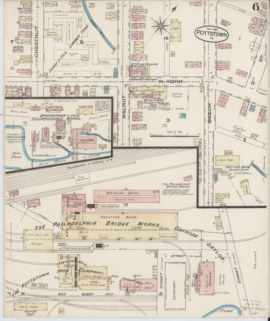 Sanborn Fire Insurance Map from Pottstown, Montgomery County, Pennsylvania (1885), Sheet #0006 - Historic Sanborn Fire Insurance Map Print, vintage old map wall art, antique decor, genealogy gift, Pennsylvania Pennsylvania map