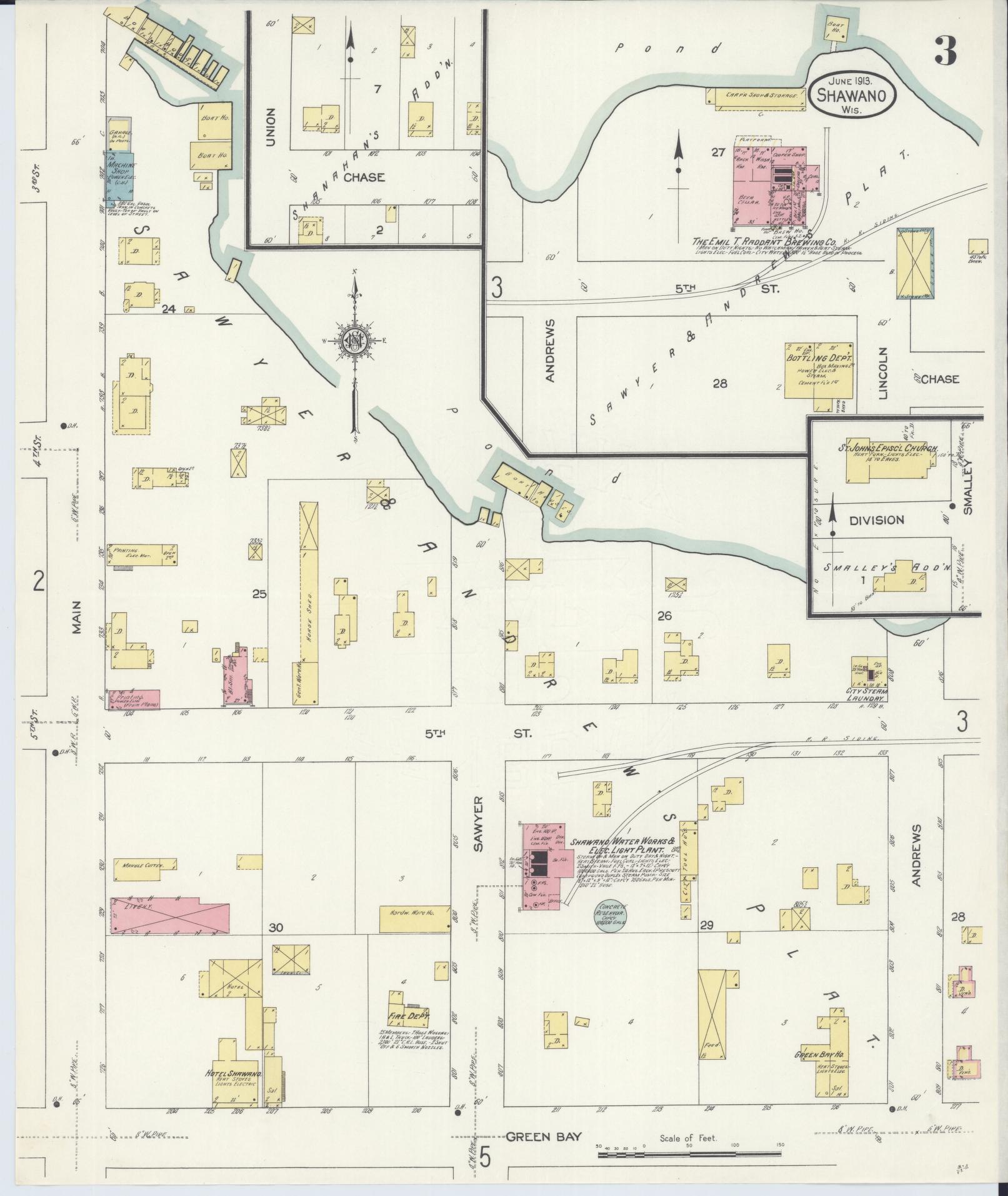 Sanborn Fire Insurance Map from Shawano, Shawano County, Wisconsin (1913), Sheet #0003 - Historic Sanborn Fire Insurance Map Print, vintage old map wall art, antique decor, genealogy gift, Wisconsin Wisconsin map