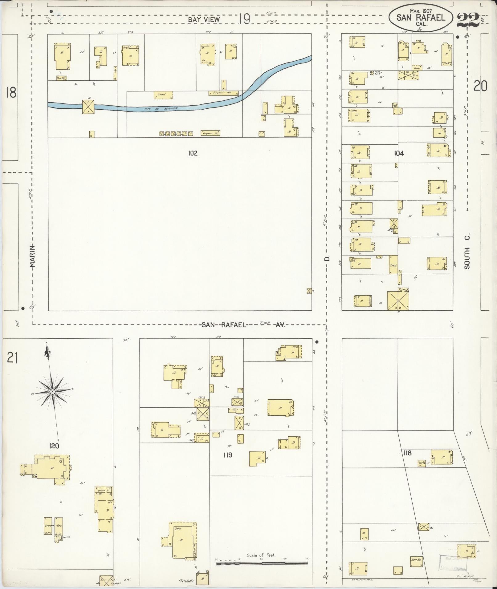 Sanborn Fire Insurance Map from San Rafael, Marin County, California (1907), Sheet #0022 - Complete Map Set gallery image, historic Sanborn map, vintage wall art, California California
