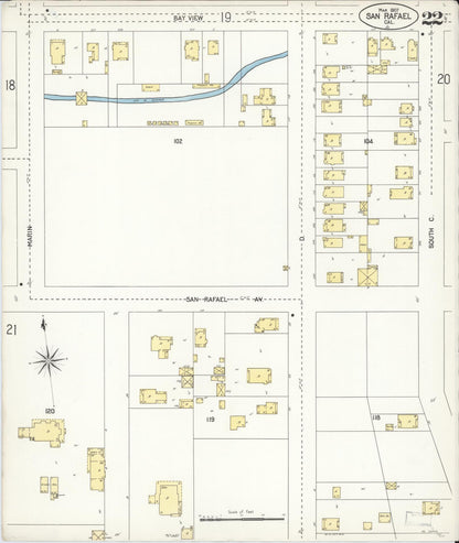 Sanborn Fire Insurance Map from San Rafael, Marin County, California (1907), Sheet #0022 - Complete Map Set gallery image, historic Sanborn map, vintage wall art, California California