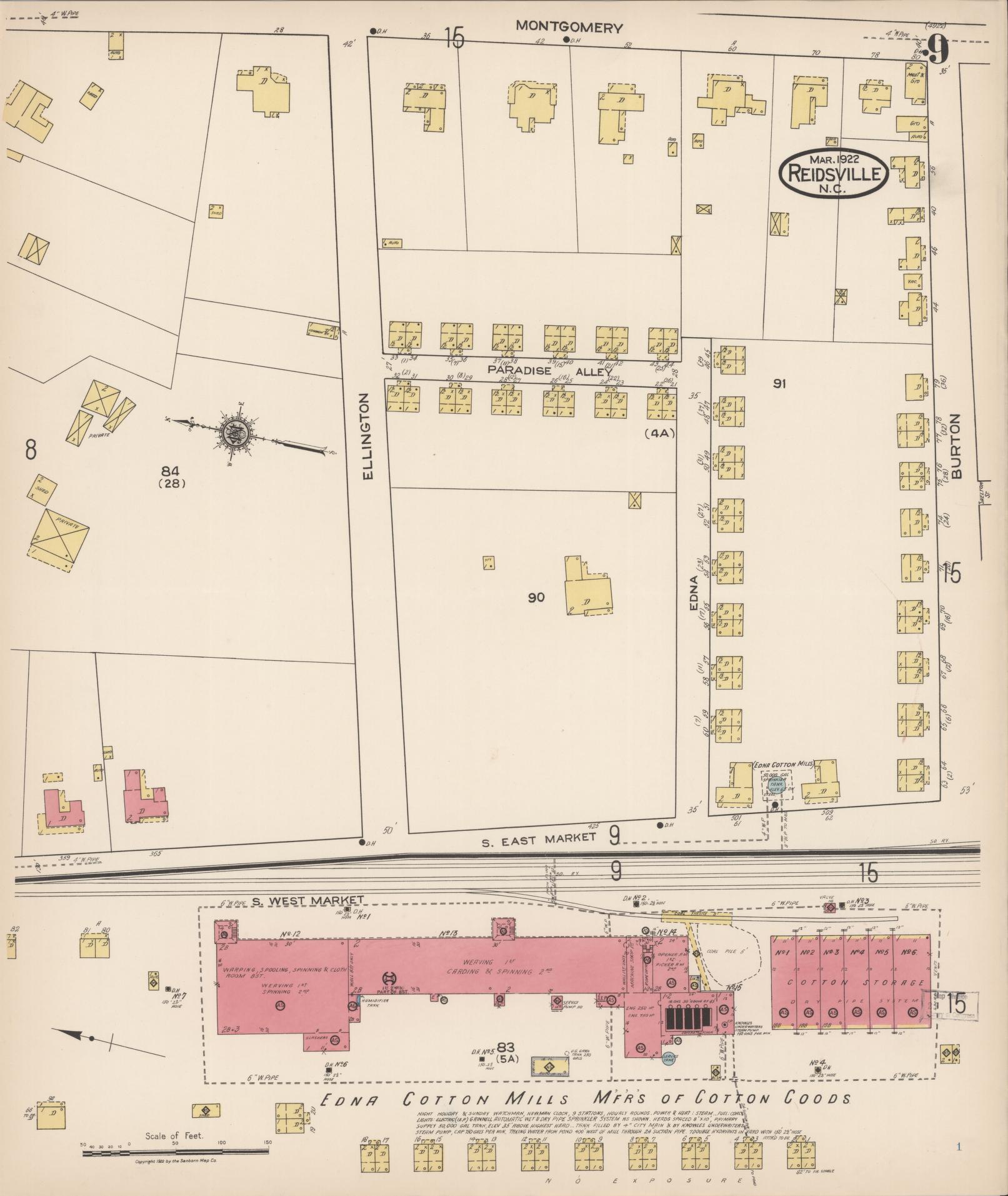 Sanborn Fire Insurance Map from Reidsville, Rockingham County, North Carolina (1922), Sheet #0009 - Historic Sanborn Fire Insurance Map Print, vintage old map wall art, antique decor, genealogy gift, North Carolina North Carolina map