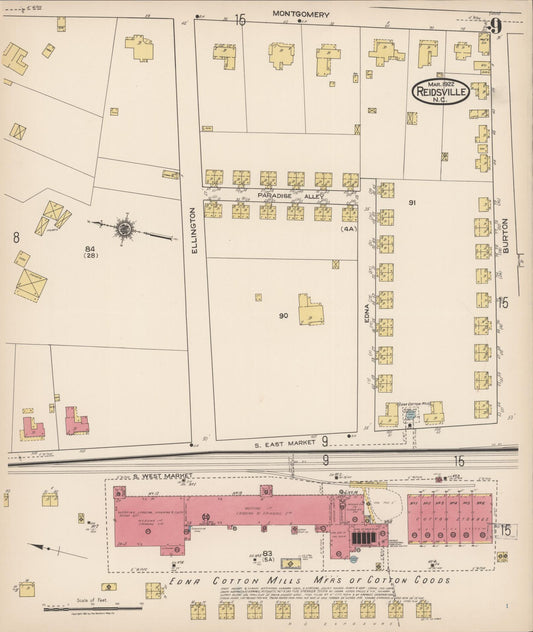 Sanborn Fire Insurance Map from Reidsville, Rockingham County, North Carolina (1922), Sheet #0009 - Historic Sanborn Fire Insurance Map Print, vintage old map wall art, antique decor, genealogy gift, North Carolina North Carolina map