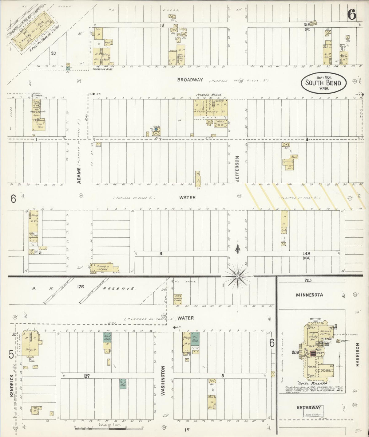 Sanborn Fire Insurance Map from South Bend, Pacific County, Washington (1901), Sheet #0006 - Historic Sanborn Fire Insurance Map Print, vintage old map wall art, antique decor, genealogy gift, Washington Washington map
