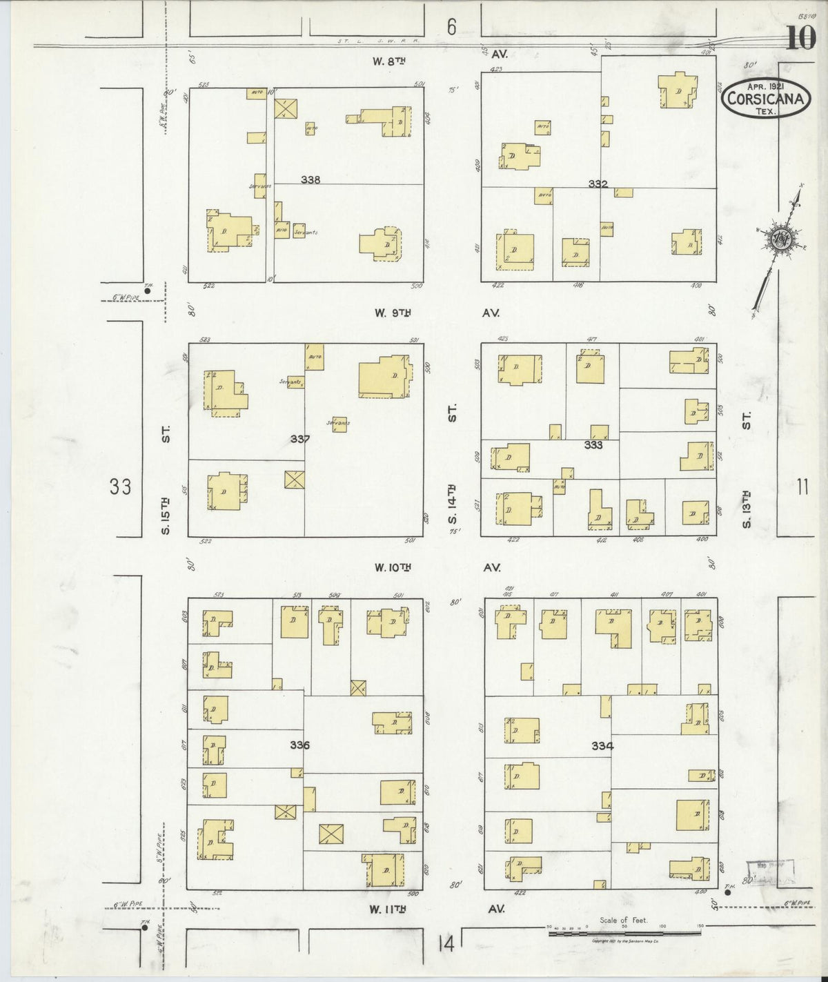 Sanborn Fire Insurance Map from Corsicana, Navarro County, Texas (1921), Sheet #0010 - Complete Map Set gallery image, historic Sanborn map, vintage wall art, Texas Texas