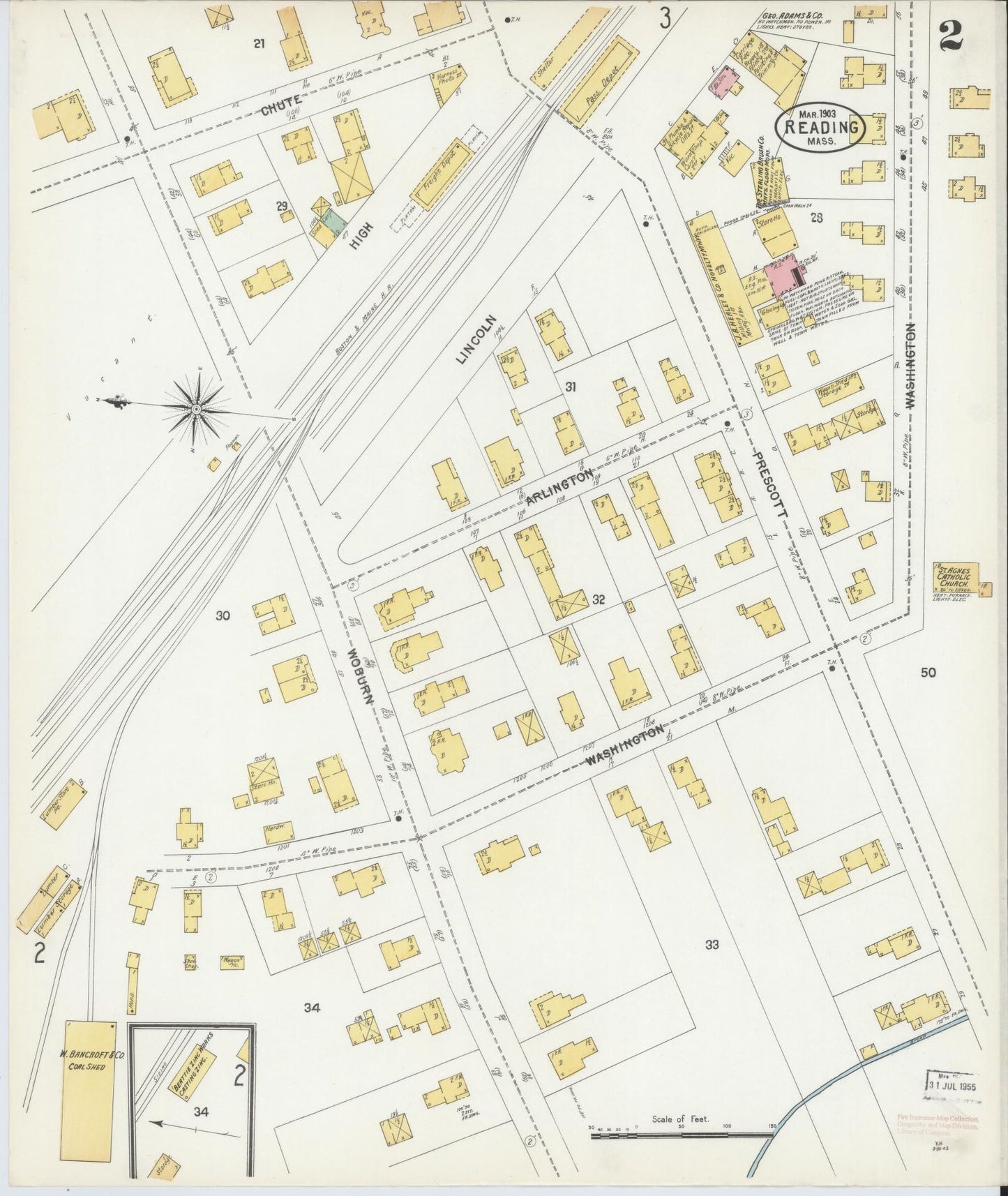 Sanborn Fire Insurance Map from Reading, Middlesex County, Massachusetts (1903), Sheet #0002 - Historic Sanborn Fire Insurance Map Print, vintage old map wall art, antique decor, genealogy gift, Massachusetts Massachusetts map