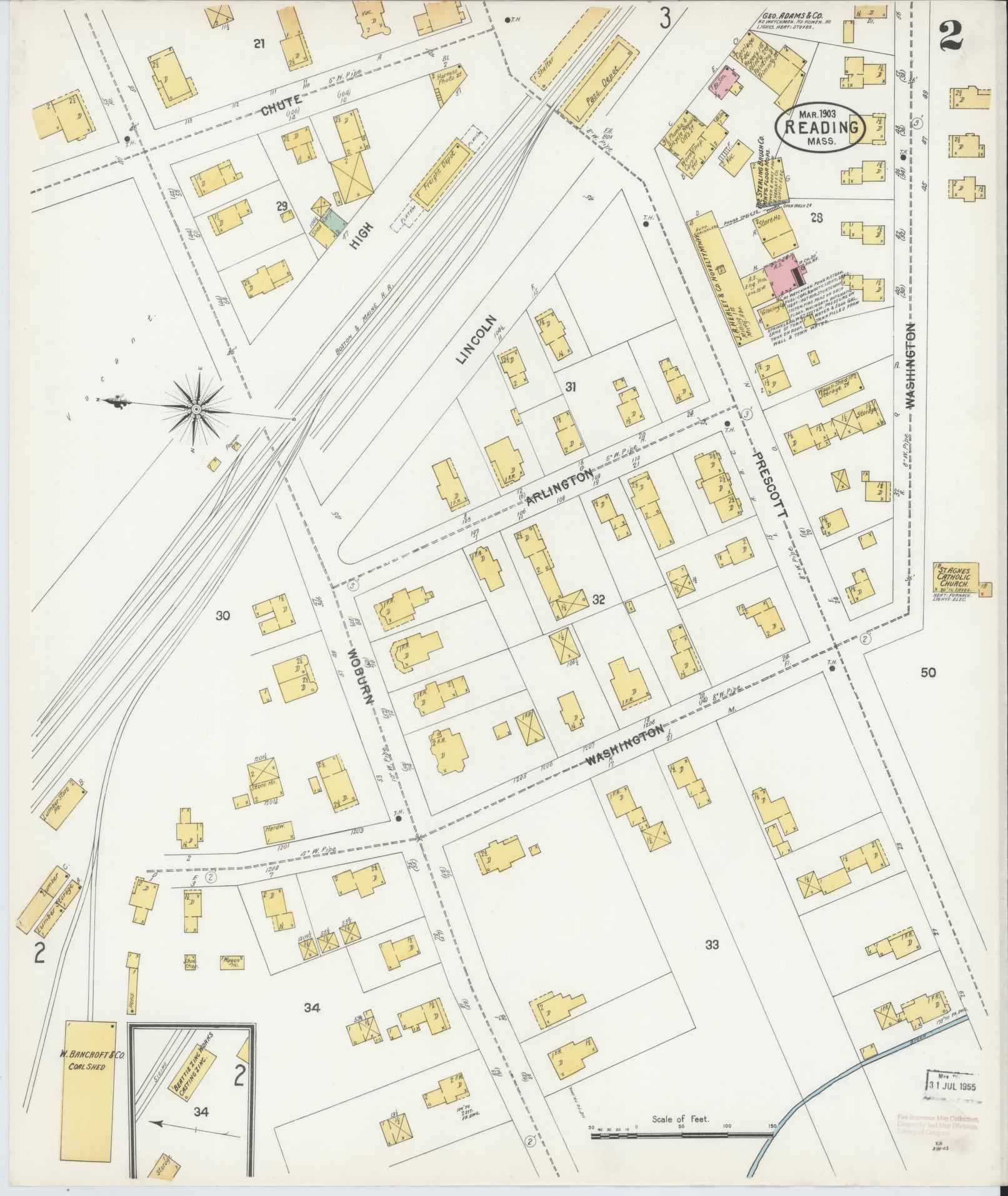 Sanborn Fire Insurance Map from Reading, Middlesex County, Massachusetts (1903), Sheet #0002 - Historic Sanborn Fire Insurance Map Print, vintage old map wall art, antique decor, genealogy gift, Massachusetts Massachusetts map