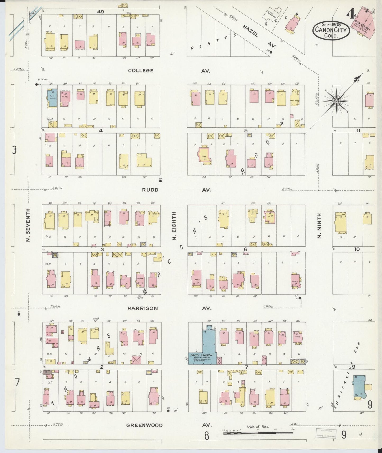 Sanborn Fire Insurance Map from Canon City, Fremont County, Colorado (1908), Sheet #0004 - Historic Sanborn Fire Insurance Map Print, vintage old map wall art, antique decor, genealogy gift, Colorado Colorado map