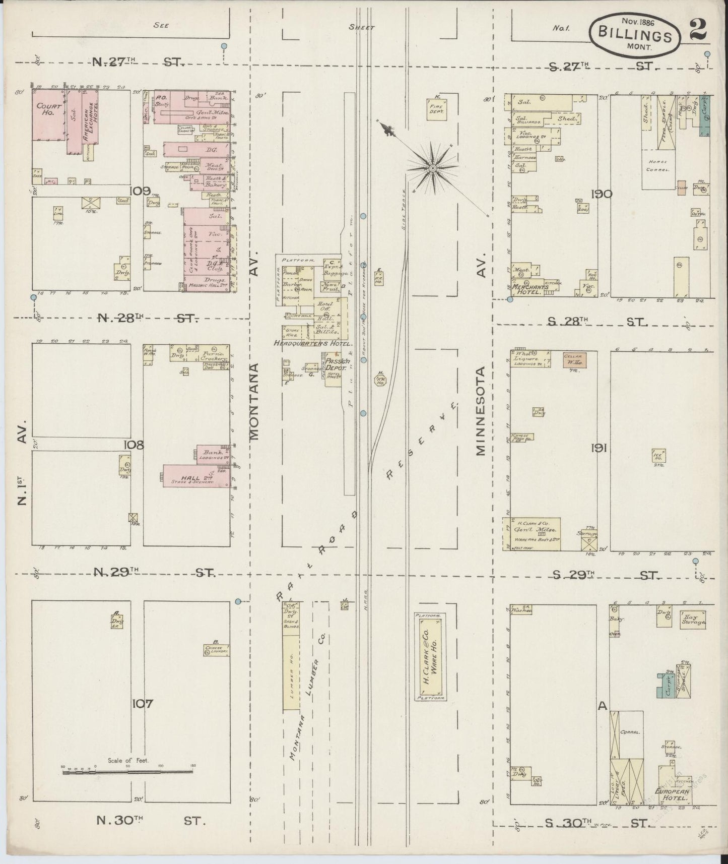 Sanborn Fire Insurance Map from Billings, Yellowstone County, Montana (1886), Sheet #0002 - Historic Sanborn Fire Insurance Map Print, vintage old map wall art, antique decor, genealogy gift, Montana Montana map