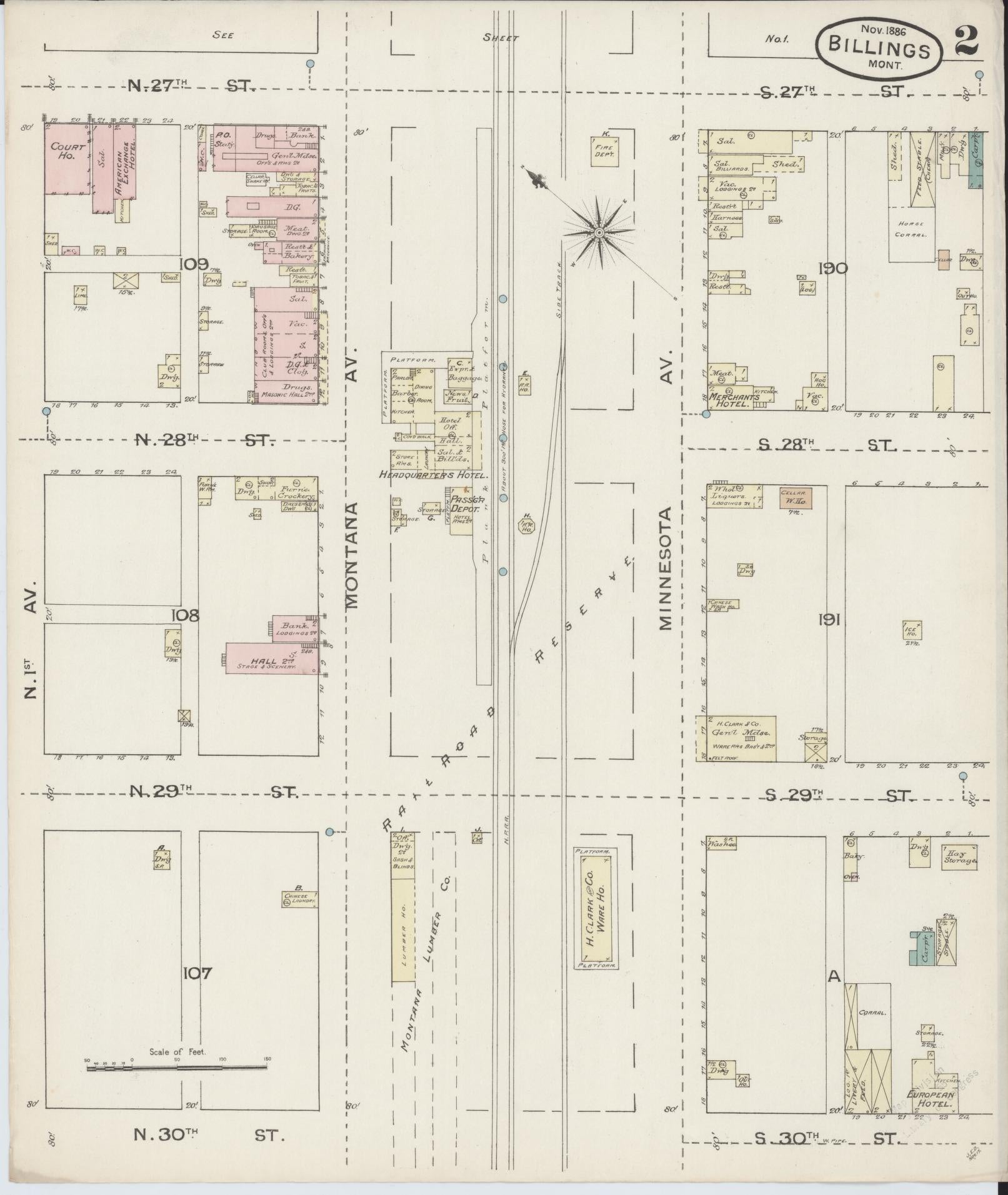 Sanborn Fire Insurance Map from Billings, Yellowstone County, Montana (1886), Sheet #0002 - Historic Sanborn Fire Insurance Map Print, vintage old map wall art, antique decor, genealogy gift, Montana Montana map