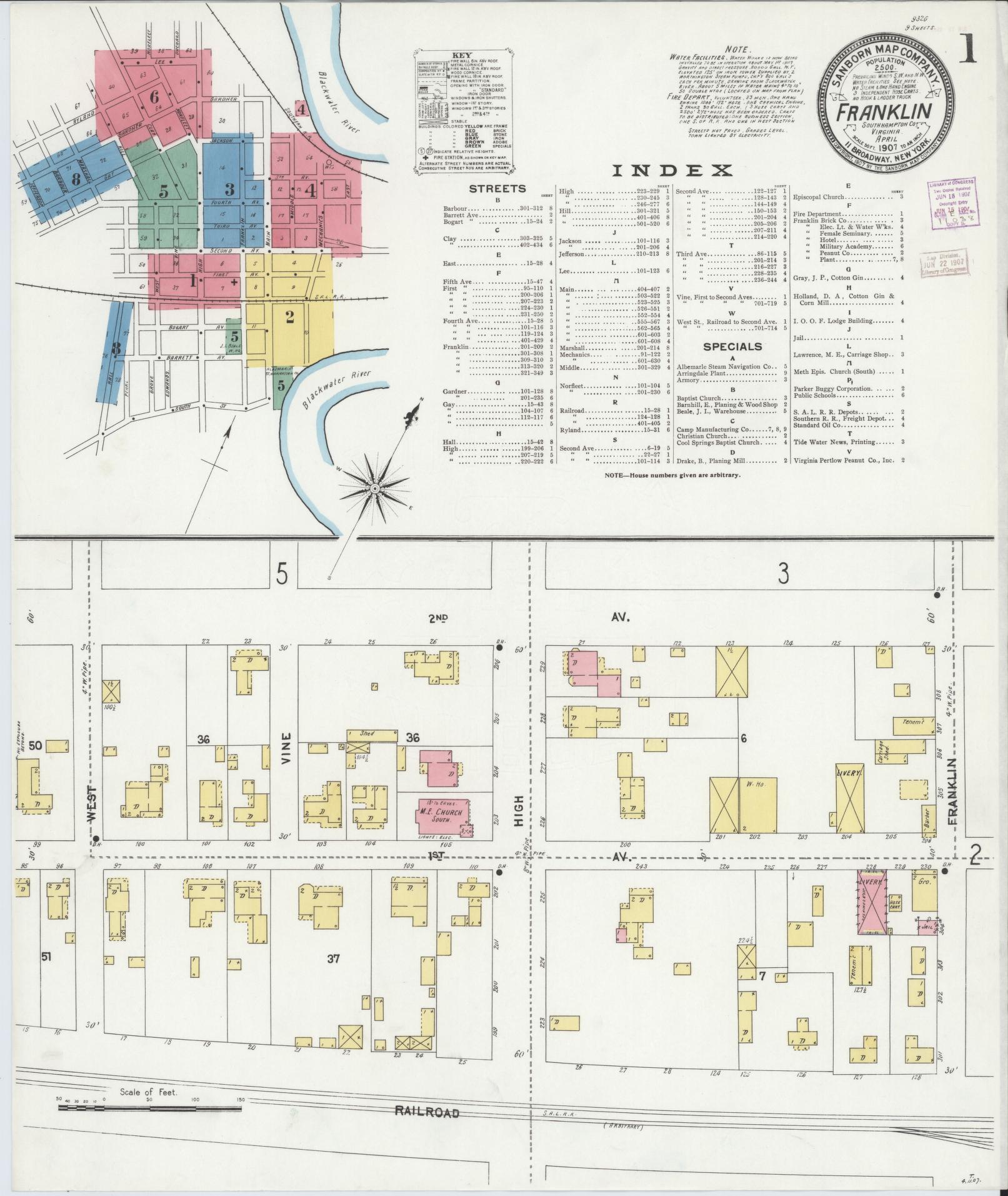 Sanborn Fire Insurance Map from Franklin, Independent Cities, Virginia (1907), Sheet #0001 - Complete Map Set gallery image, historic Sanborn map, vintage wall art, Virginia Virginia