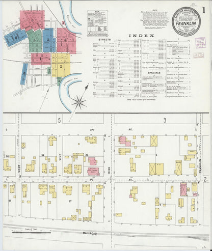 Sanborn Fire Insurance Map from Franklin, Independent Cities, Virginia (1907), Sheet #0001 - Complete Map Set gallery image, historic Sanborn map, vintage wall art, Virginia Virginia