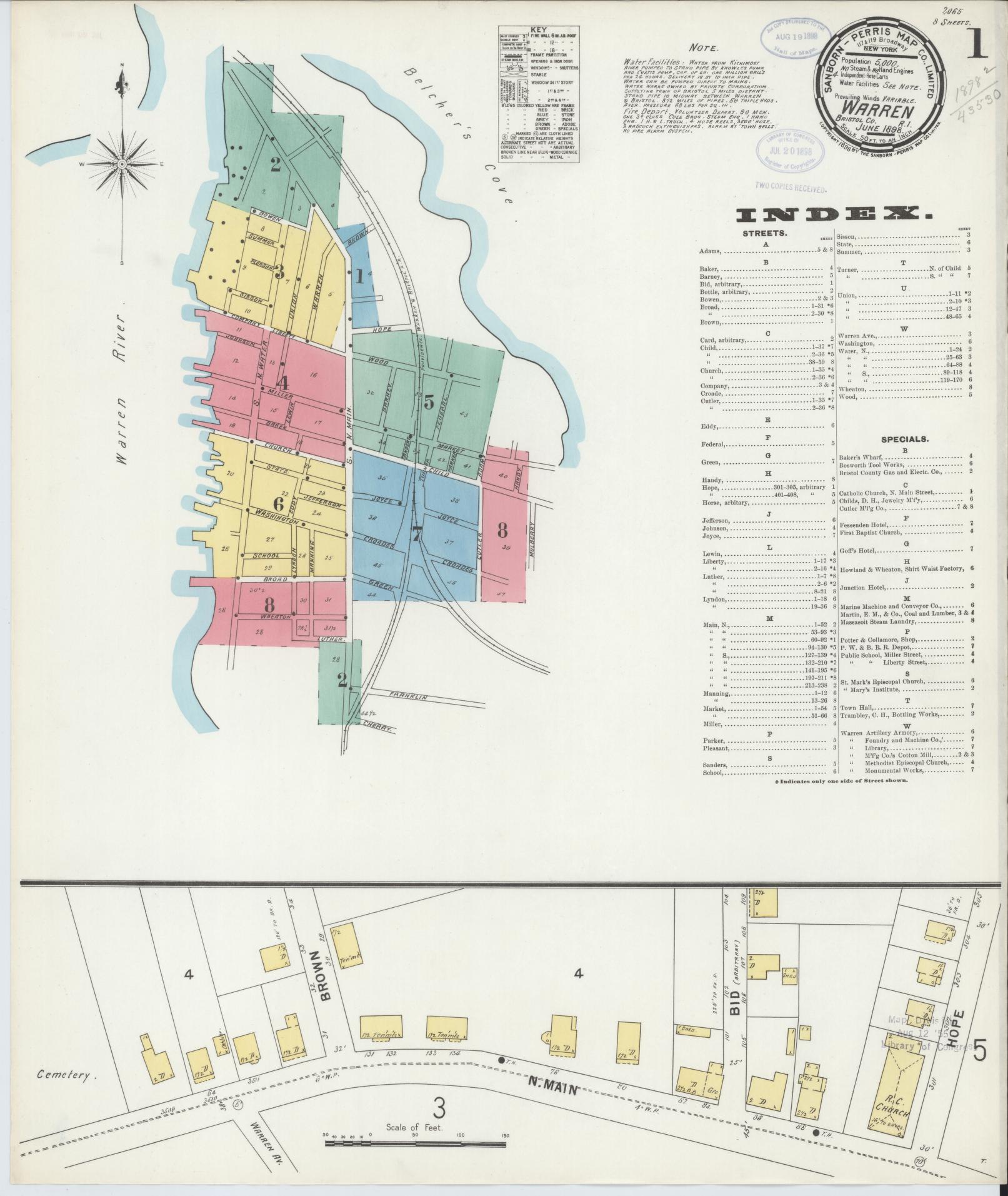 Sanborn Fire Insurance Map from Warren, Bristol County, Rhode Island (1898), Sheet #0001 - Complete Map Set gallery image, historic Sanborn map, vintage wall art, Rhode Island Rhode Island