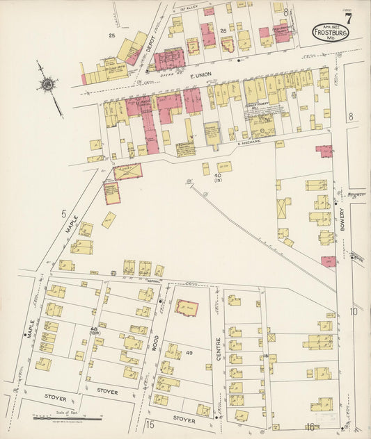 Sanborn Fire Insurance Map from Frostburg, Allegany County, Maryland (1922), Sheet #0007 - Historic Sanborn Fire Insurance Map Print, vintage old map wall art