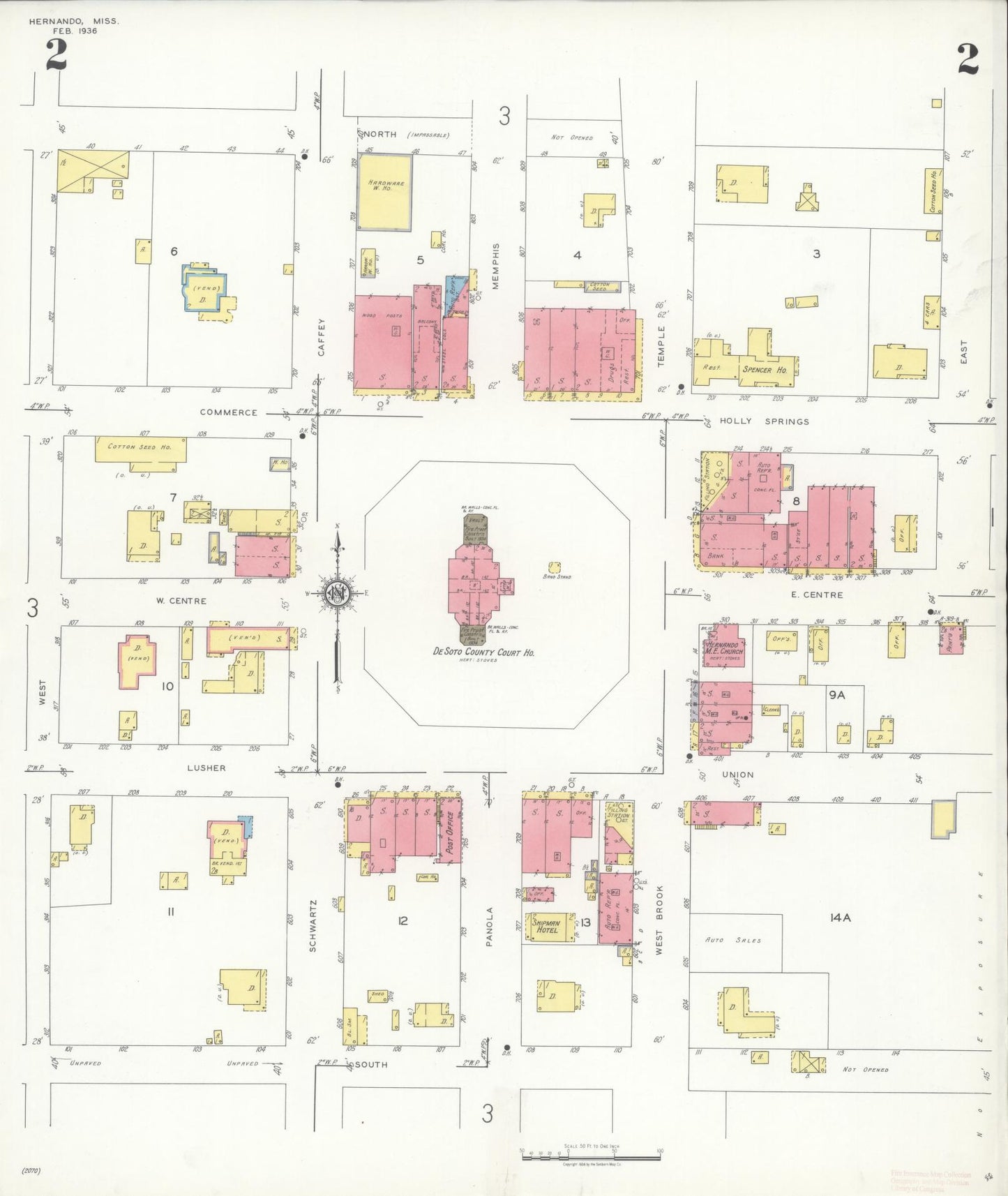 Sanborn Fire Insurance Map from Hernando, De Soto County, Mississippi (1936), Sheet #0002 - Historic Sanborn Fire Insurance Map Print, vintage old map wall art, antique decor, genealogy gift, Mississippi Mississippi map