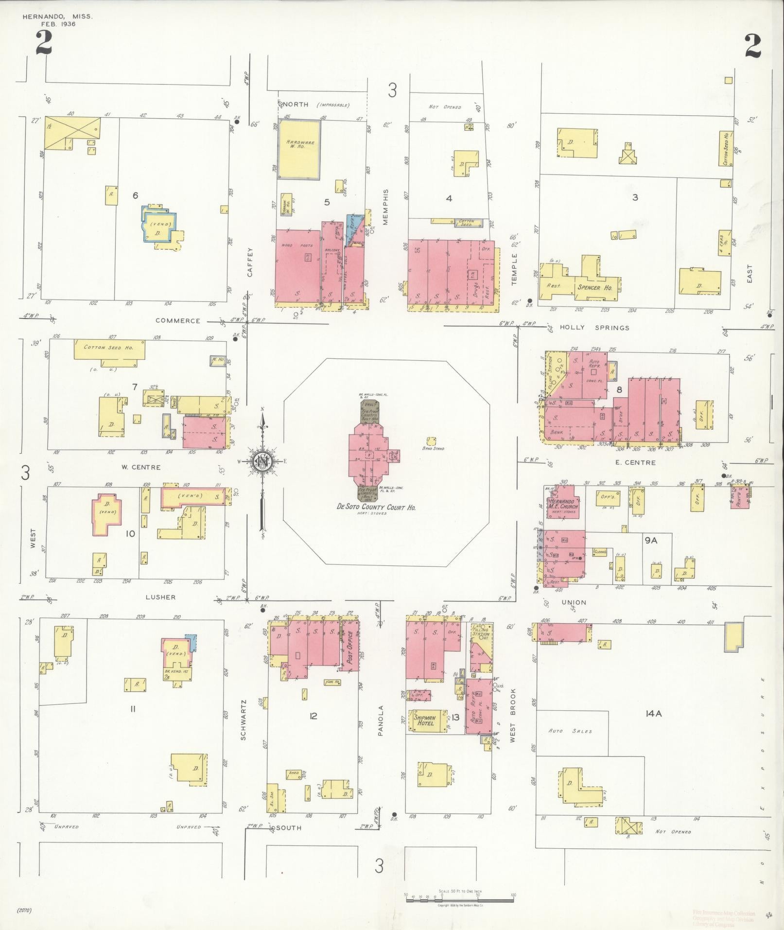 Sanborn Fire Insurance Map from Hernando, De Soto County, Mississippi (1936), Sheet #0002 - Historic Sanborn Fire Insurance Map Print, vintage old map wall art, antique decor, genealogy gift, Mississippi Mississippi map