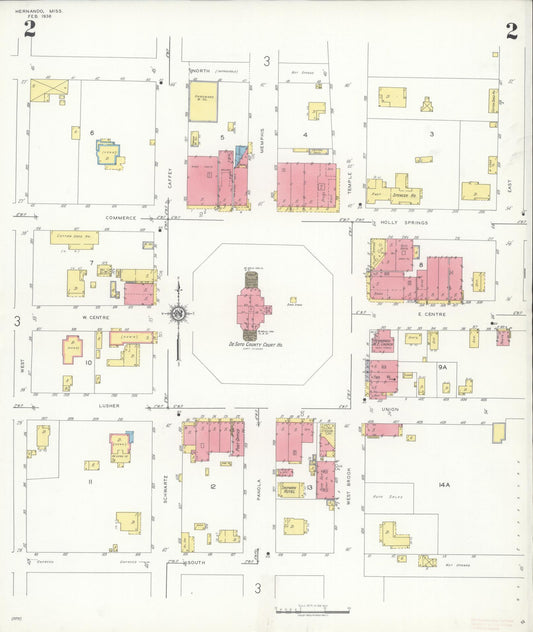 Sanborn Fire Insurance Map from Hernando, De Soto County, Mississippi (1936), Sheet #0002 - Historic Sanborn Fire Insurance Map Print, vintage old map wall art, antique decor, genealogy gift, Mississippi Mississippi map