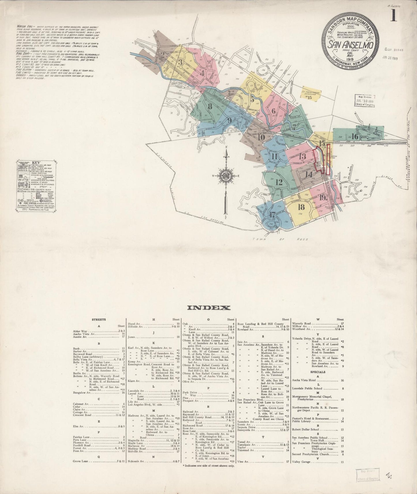 Sanborn Fire Insurance Map from San Anselmo, Marin County, California (1919), Sheet #0001 - Complete Map Set gallery image, historic Sanborn map, vintage wall art, California California