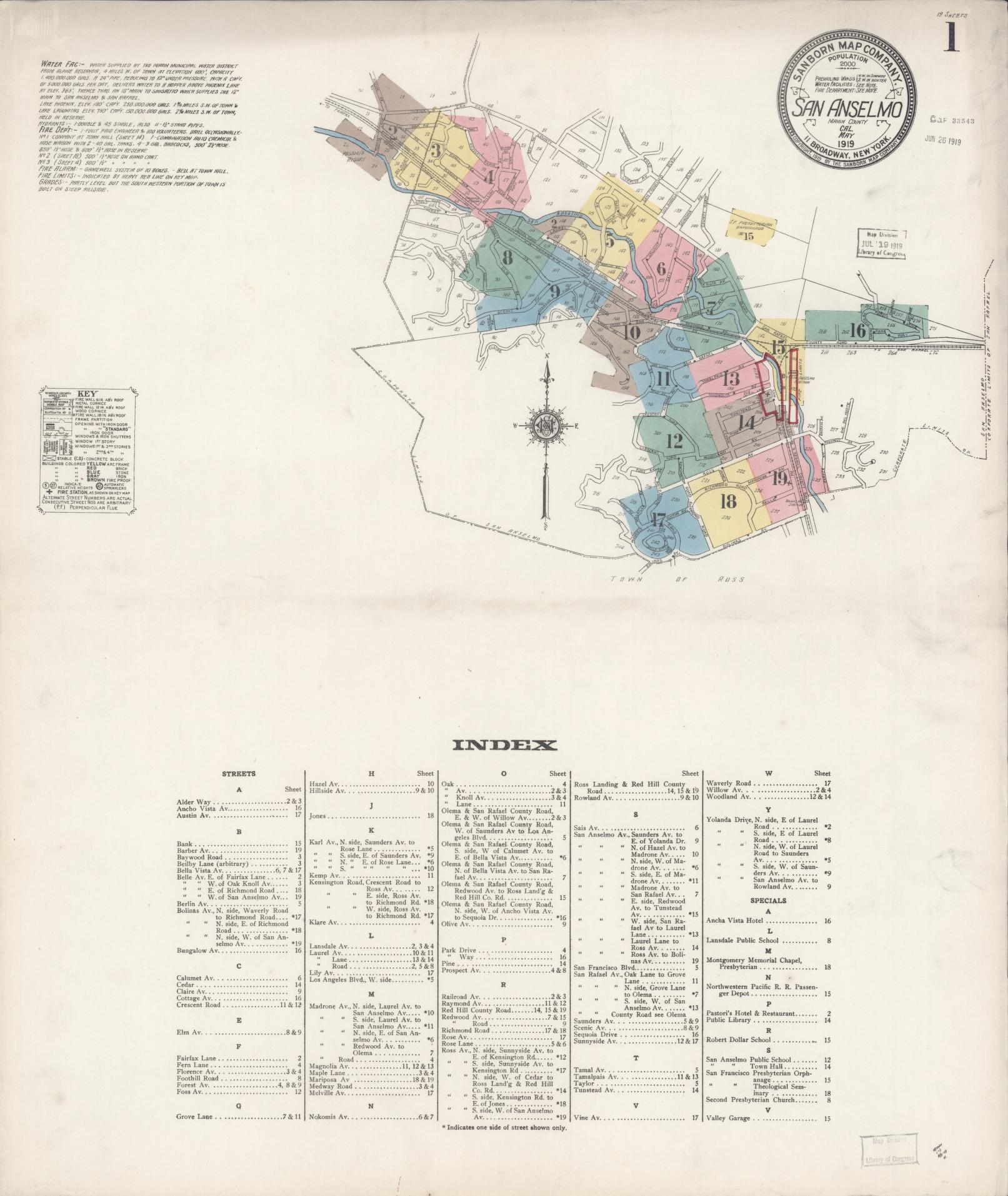 Sanborn Fire Insurance Map from San Anselmo, Marin County, California (1919), Sheet #0001 - Complete Map Set gallery image, historic Sanborn map, vintage wall art, California California