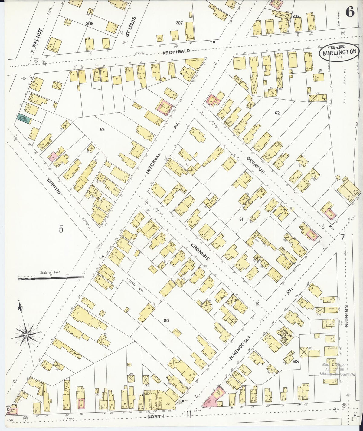 Sanborn Fire Insurance Map from Burlington, Chittenden County, Vermont (1906), Sheet #0006 - Historic Sanborn Fire Insurance Map Print, vintage old map wall art, antique decor, genealogy gift, Vermont Vermont map