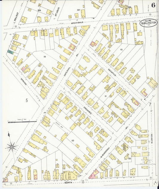 Sanborn Fire Insurance Map from Burlington, Chittenden County, Vermont (1906), Sheet #0006 - Historic Sanborn Fire Insurance Map Print, vintage old map wall art, antique decor, genealogy gift, Vermont Vermont map
