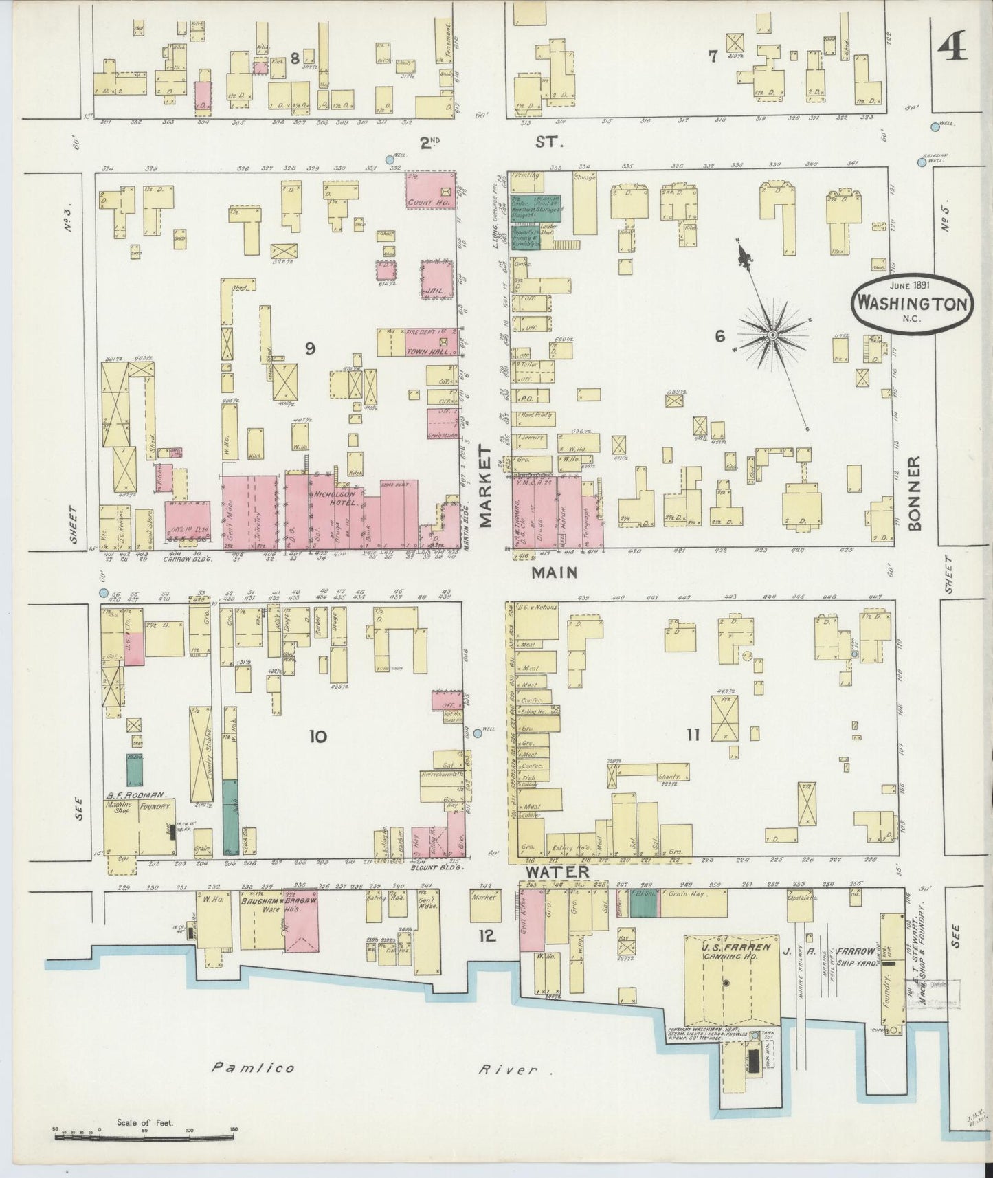 Sanborn Fire Insurance Map from Washington, Beaufort County, North Carolina (1891), Sheet #0004 - Complete Map Set gallery image, historic Sanborn map, vintage wall art, North Carolina North Carolina
